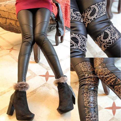 1371 all-match faux leather zipper check add velvet legging