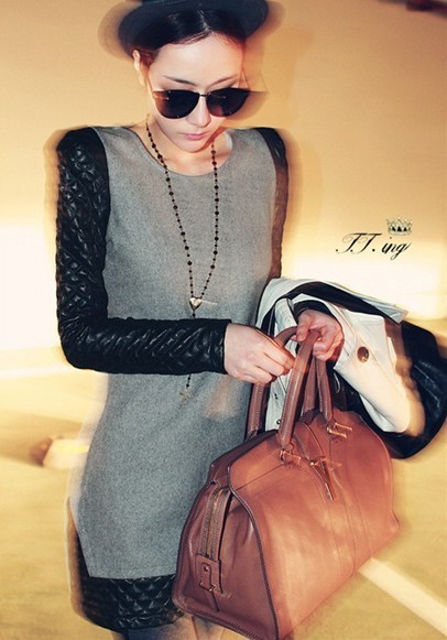 13kim autumn and winter woolen patchwork leather one-piece dress