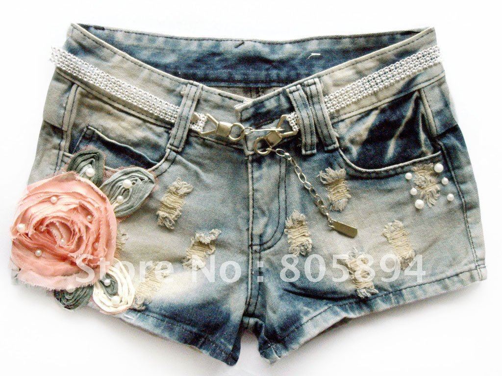 $15 off per $150 order!! Free Shipping,2012 Womens Short Jeans slim hole flower denim  trousers Wholesale and retail