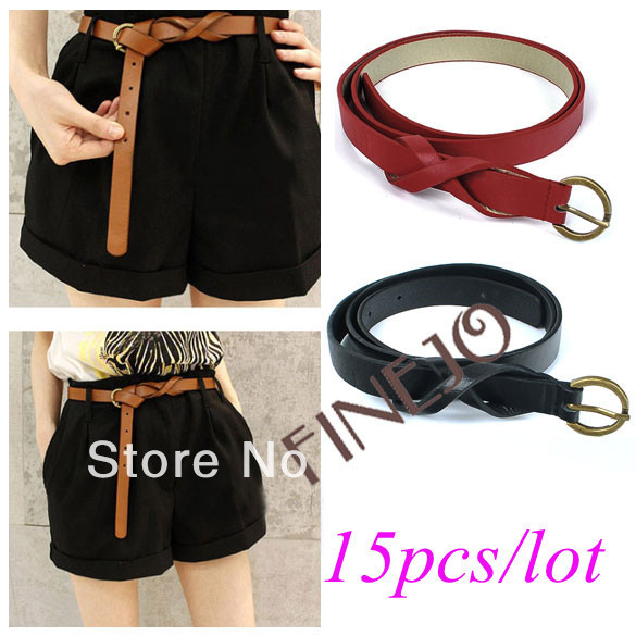15pcs/lot New Fashion Women's Stylish Cross Buckle Waistband Synthetic Leather Thin Belt 3 Color free shipping 5398