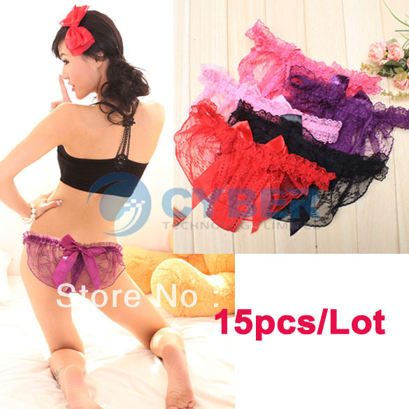 15pcs/Lot Women's Ladies Sexy Bowknot Lace Thongs G-string V-string Panties Knickers Underwear 5 Color Free Shipping 9048