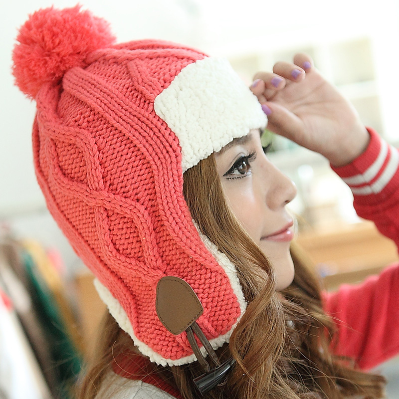 16 autumn and winter knitted hat warm hat knitting wool horn button lei feng cap female cap ear protector