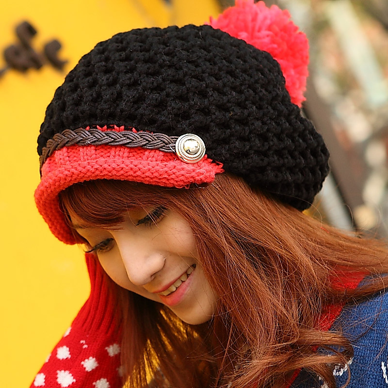 16 autumn and winter multicolour sphere knitted hat roll-up hem strap two-color knitting wool cap millinery