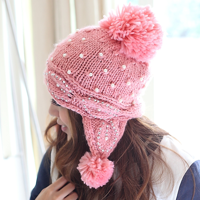16 autumn and winter pearl knitted ear hat pullover knitting wool cap wool ball thermal millinery