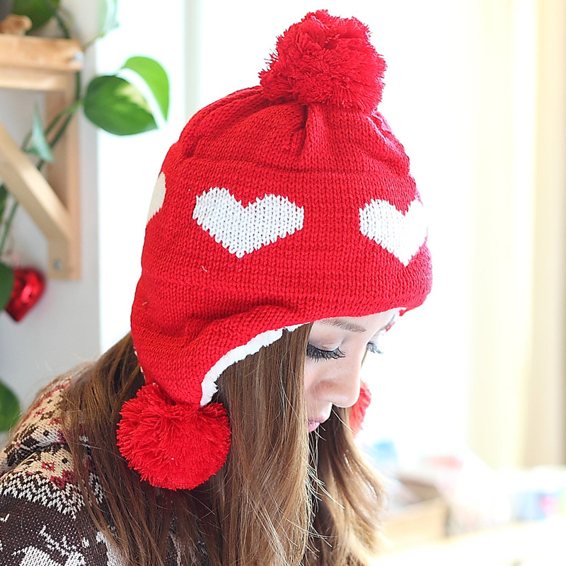 16 autumn and winter yarn ear ball cap heart double layer knitting wool cap thermal millinery