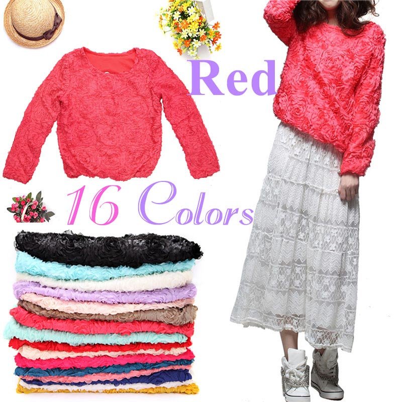 16 Colors Women Blouse 3D Rose Flowers Mesh Lace Jumper Pullover Shirt Ladies Tops ,Free Shipping Dropshipping Wholesale