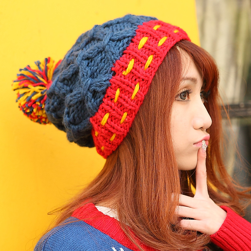 16 double colorant match winter hat rope wool warm hat women's sphere hat