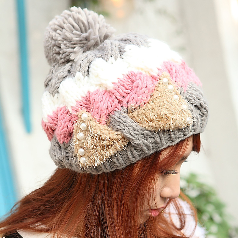 16 winter three-color twisted bow knitted hat ball women's hat warm hat