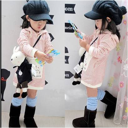 16030213   Children's Clothing Hoodies  Gilr's  Long Sleeved Hooded Sweater  Striped and Cartoon Pattern