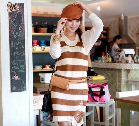 1641 vest thickening elegant autumn and winter long design sleeveless stripe hole sweater one-piece dress