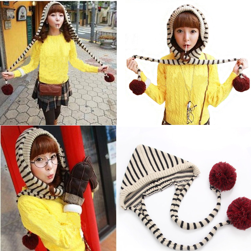 17 Mx20 handmade hair ball stripe dual-use knitted hat knitted hat female autumn and winter muffler scarf