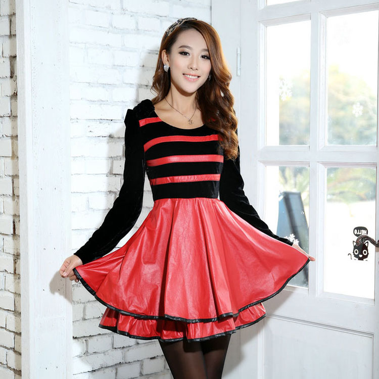 173 ! 2013 spring velvet water washed leather slim o-neck long-sleeve dress