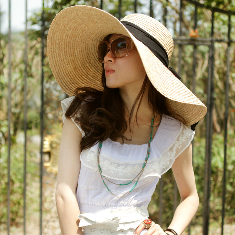 17cm raffia hat big beach cap women's bow summer sunbonnet