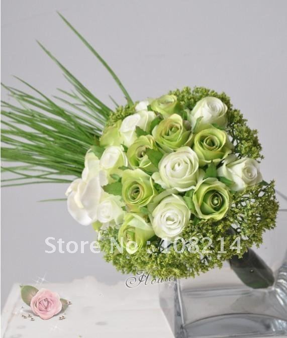 18 Date of Raw silk Rose 27*21cm wedding bouquets,Green white colors by ems