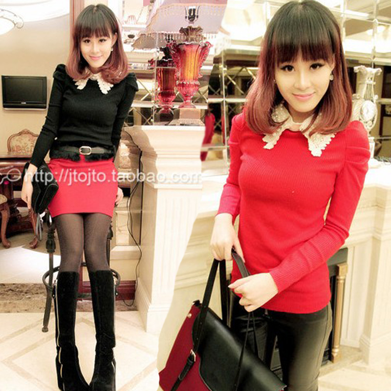 1801 women's 2013 beading crochet doll turn-down collar puff sleeve slim wool sweater basic