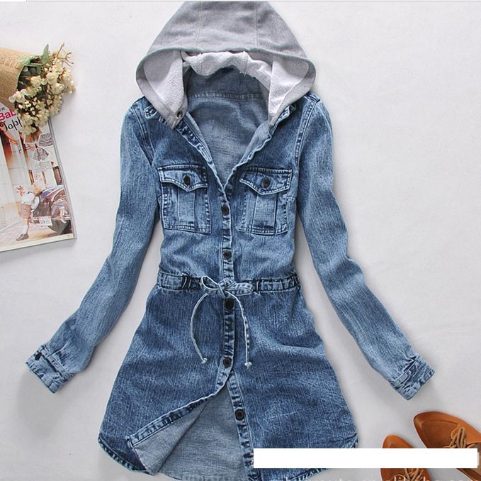 189 Free shipping 2013 newest women fashion jeans hooded long classic outwear jeans clothes jacket blazer