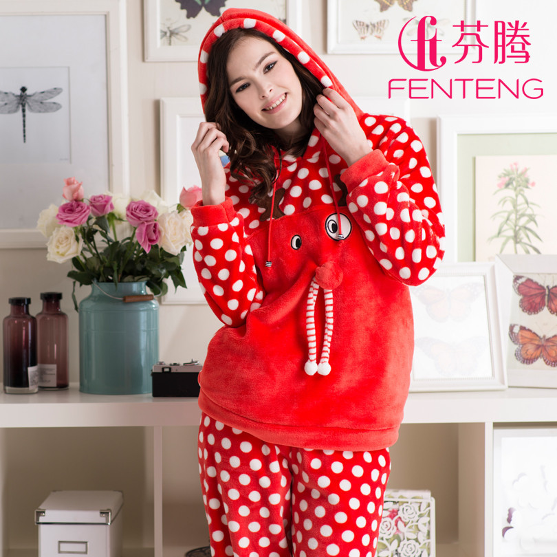 189 sleepwear 2012 women's cartoon polka dot with a hood coral fleece lounge set