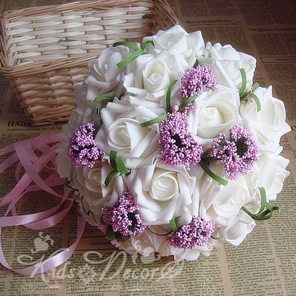 18PCS Artificial white rose flower with babysbreath Bride or Bridesmaid  wedding bouquets Free shipping