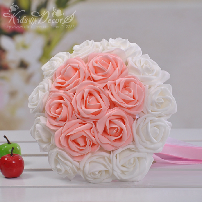 18PCS High Quality PE pink with white Artificial flowers Bride or Bridesmaid  wedding bouquets Free shipping