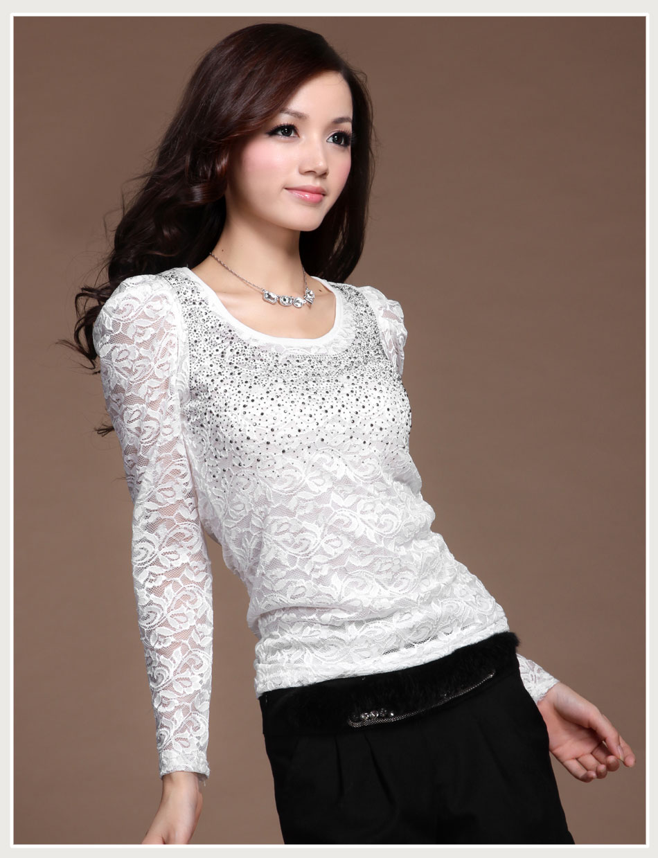 1928 2013 spring all-match decorative pattern lace rhinestones basic shirt