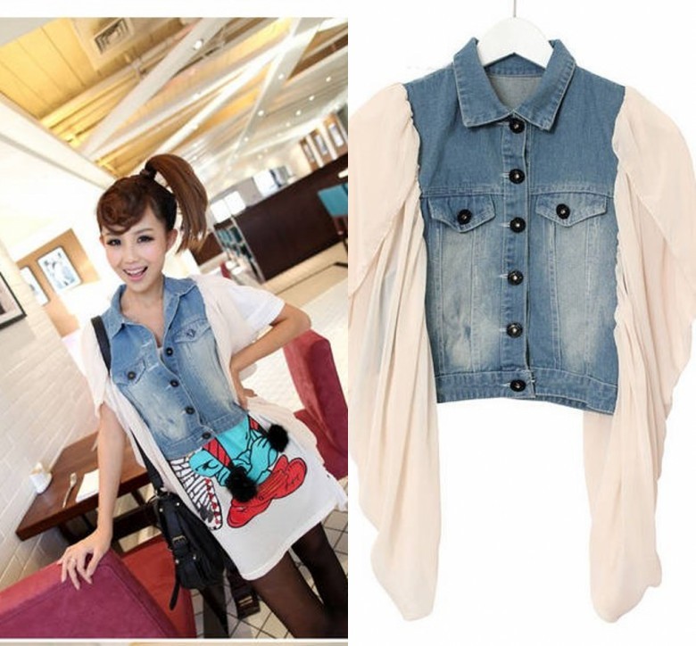 19807 fashion personality chiffon sleeve denim vest outerwear
