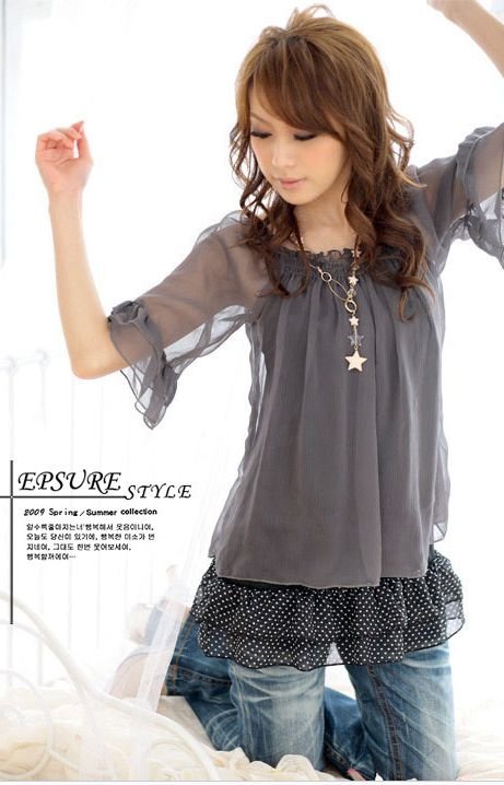 19a Free shipping 2013 new arrival women fashion dresses shirt half ruffles sleeves chiffon dot blouses top shirts casima /1pcs