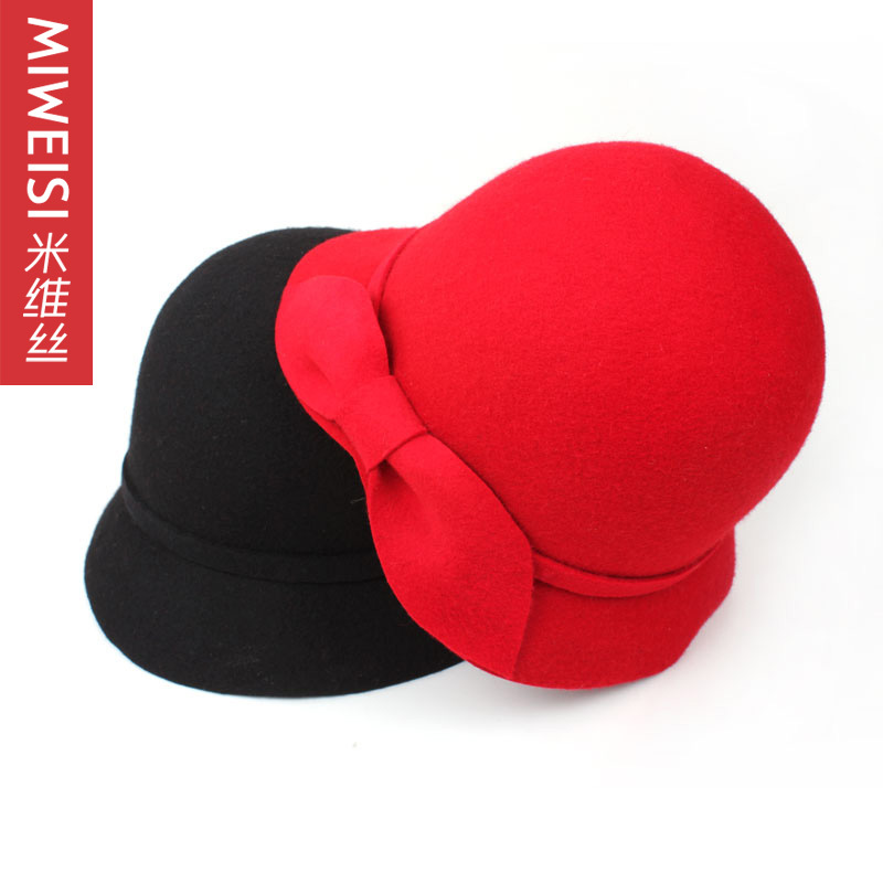 1pc 2012 autumn and winter bucket hats bow woolen women's fashion hat red fedoras