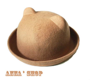 1pc Autumn and winter bear stereo ear pure woolen roll up hem small fresh women's small round hat