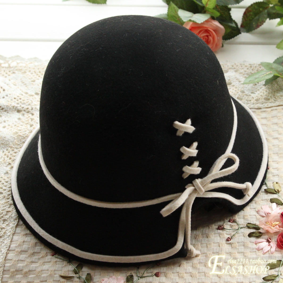 1pc Autumn and winter bow fashion vintage fedoras dome woolen cap fedoras basin hat female winter