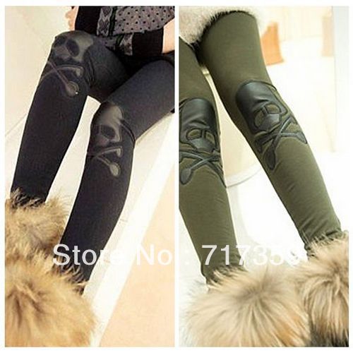 1pc Black/Army Green Free Shipping Fashion Women Rock Knee Leather X-Bone Skull Leggings Tights Pants   650825
