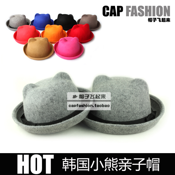 1pc Cartoon bear hat cat ears woolen cap roll-up hem dome hat female autumn and winter parent-child cap