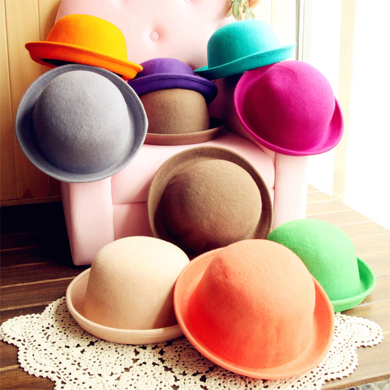 1pc Dome roll up hem solid color small fedoras pure wool vintage hat male women's fashion millinery