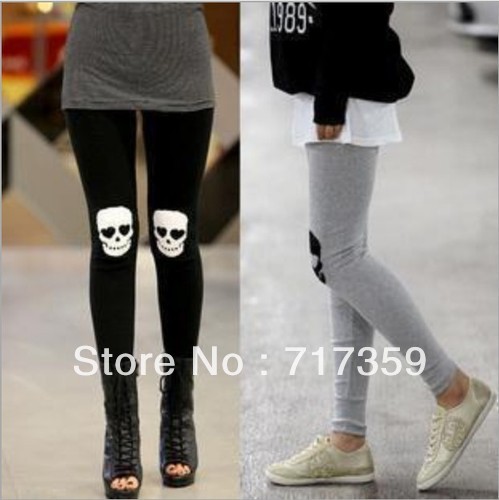 1pc  fashion new heart skull skeleton knee patch ankle tights pants ladies' women's leggings gray/black free shipping  650860