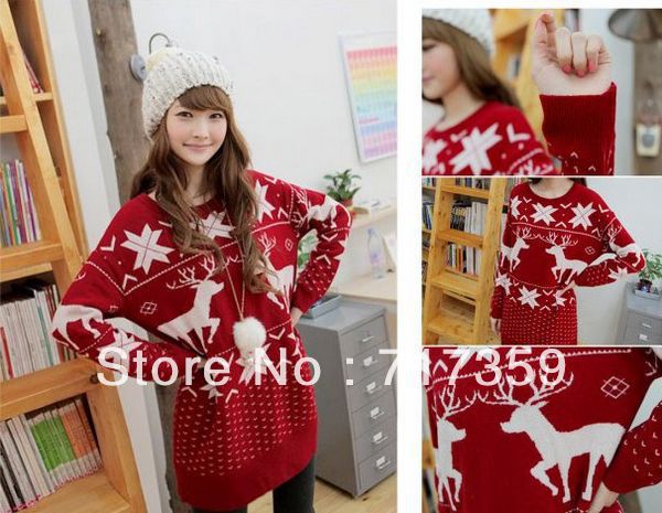 1pc Free Shipping Casual Womens Red Merry Xmas Snow Deer Sweater Knitting Knitwear Jumpers Long Sleeve Wholesale   650465