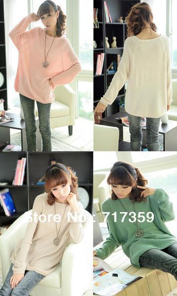 1pc Free Shipping New Style Ladies Batwing Round Neck Knitted Pullover Jumper Casual Loose Long Sweater 4colors  650461