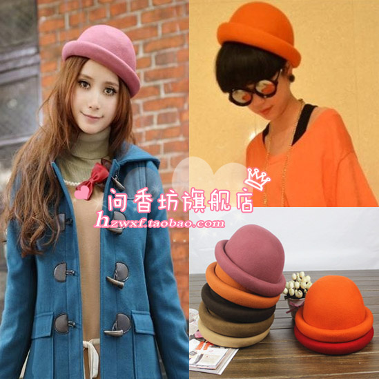 1pc Hm candy color fashion hollow roll-up hem vintage pure woolen dome fedoras small round hat female autumn and winter