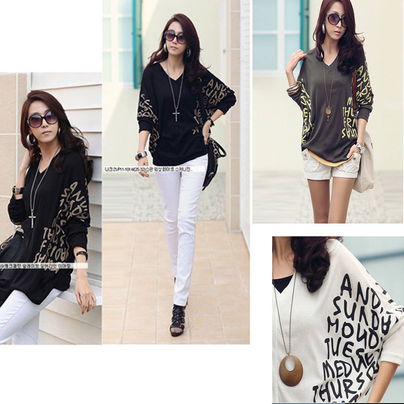 1pc/lot , Casual Women  V-neck Letter Print Sleeves Batwing Blouse Dolman Loose Tops Blouses T-Shirts