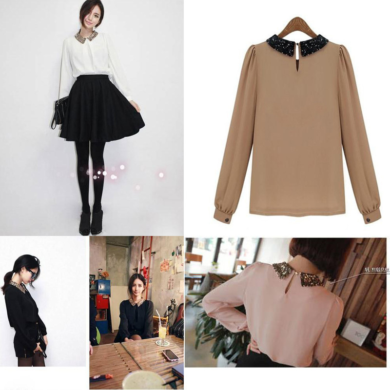 1pc/lot ,Free Shipping Fashion Women/Lady Autumn Long Sleeve Sequined Turn-down Collar Blouse Chiffon T-Shirt SpringTop