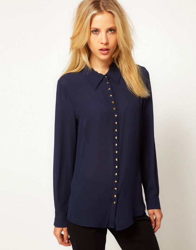 1pc /lot ,Free Shipping New Beauty Lady's Navy Blue Casual Long Sleeve Chiffon Rivet Button  Tops T-shirt Tops Blouse