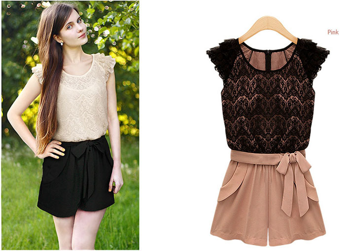 1pc /lot , Free Shipping  Women Sexy Lace& Chiffon Sleeveless  Jumpsuits  Rompers Summer  2colors