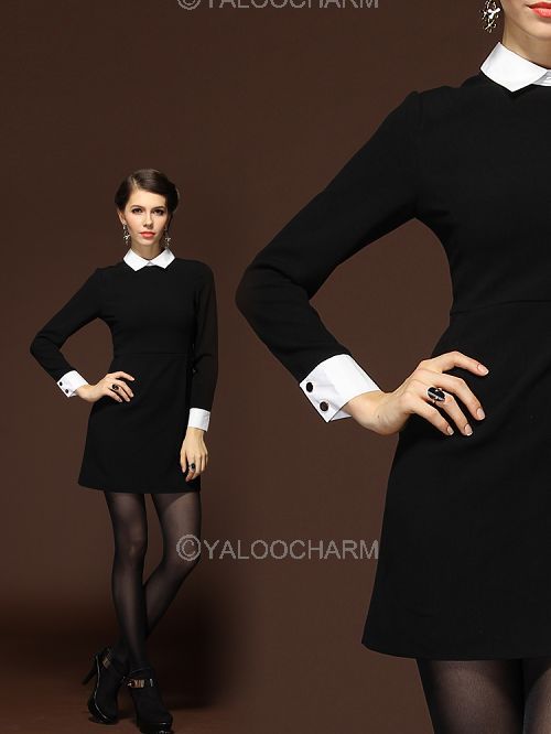 1pc New Star Style Women Dress Elegant Lapel Collar Long Sleeve Black Dresses 70057 -70059