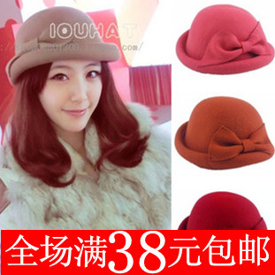 1pc Spring and autumn winter bow roll-up hem woolen fedoras female fashion vintage dome beret fashion hat