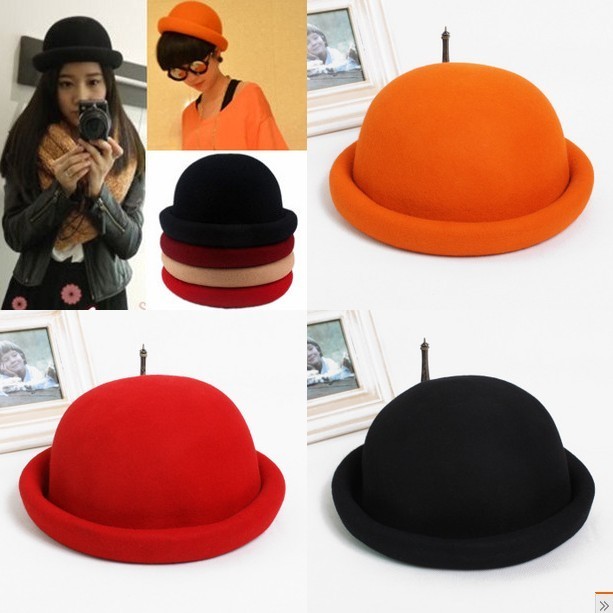1pc Spring and summer candy color vintage fashion decoration dome hat pure wool roll-up hem fashion cap