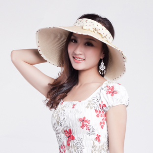 1pc Summer women's strawhat parent-child sunbonnet polka dot ribbon crownless visor beach big sun hat