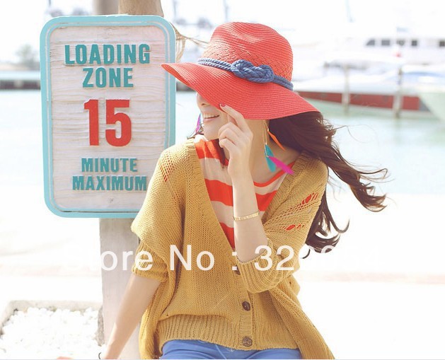 1pcs,2013 new sweet women big brim sun hat, uv protection foldable Straw hat,  fashion cap,red and beige, free shipping