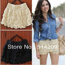 1pcs free shipping 2013 new multi-layer lace cutout crochet shorts solid color sexy  pantskirt safety pants dressy shorts