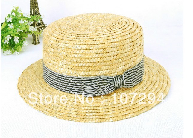 1PCS Free shipping natural boater straw hat bucket hat school boater hat with nice ribbon