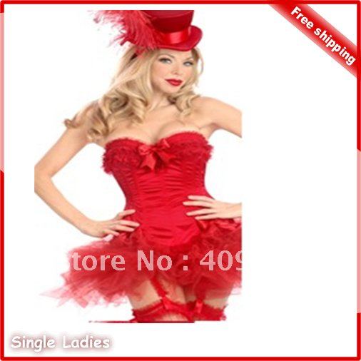 1pcs Hot  Sexy Queen of the Pub Corset lingerie Lace Up Boned Satin Corset Bustier Hook Bow Busk & tutu skirt  free shipping
