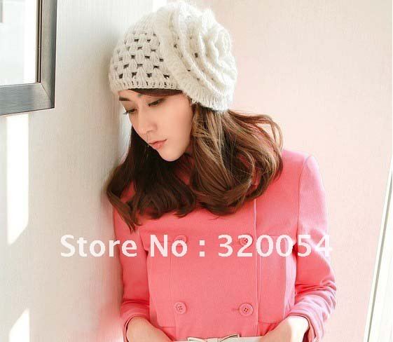 1pcs,Korean autumn winter mohair flowers adult wool caps ,white woman handmade knit hats, free shipping