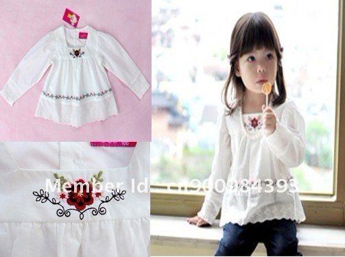 1pcs New 2012 Spring  White 100%Cotton  Square Collar Rib Long Sleeves Embroidery Girls Blouses T-Shirt